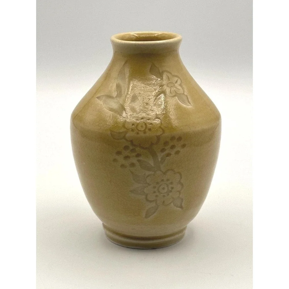 Vintage Yellow Stoneware Bud Vase Embossed Floral Motif Artist Signed Pottery
